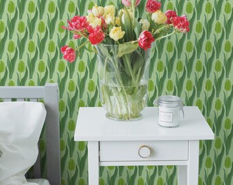 Green Tulip Wallpaper: Biophilic Botanical Design (Non-Pasted, Pre-Pasted, Peel and Stick, Custom Sizes)