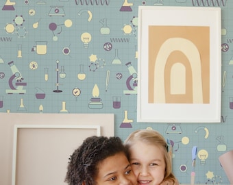 Teal Lab Motif Wallpaper: Whimsical Science Pattern (Non-Pasted, Pre-Pasted, Peel and Stick, Custom Sizes)