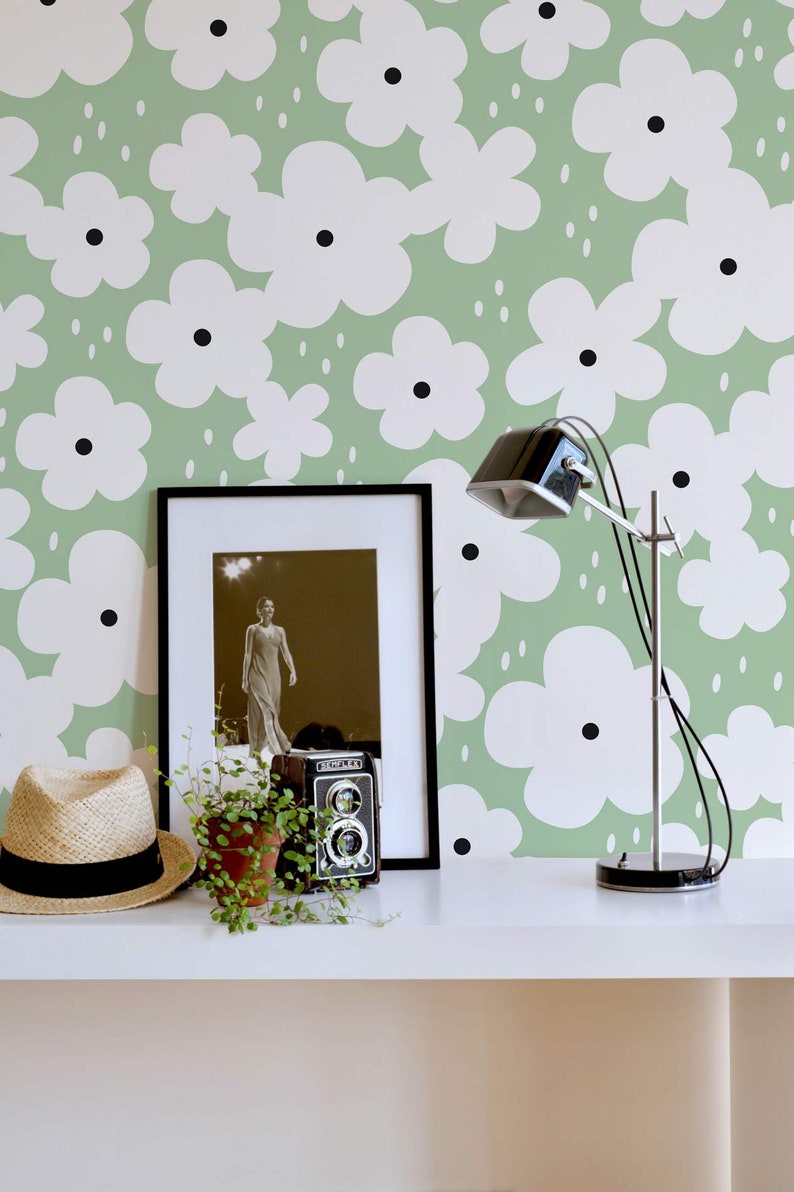 Retro Green Floral Peel and Stick Wallpaper / Stick and Peel Etsy