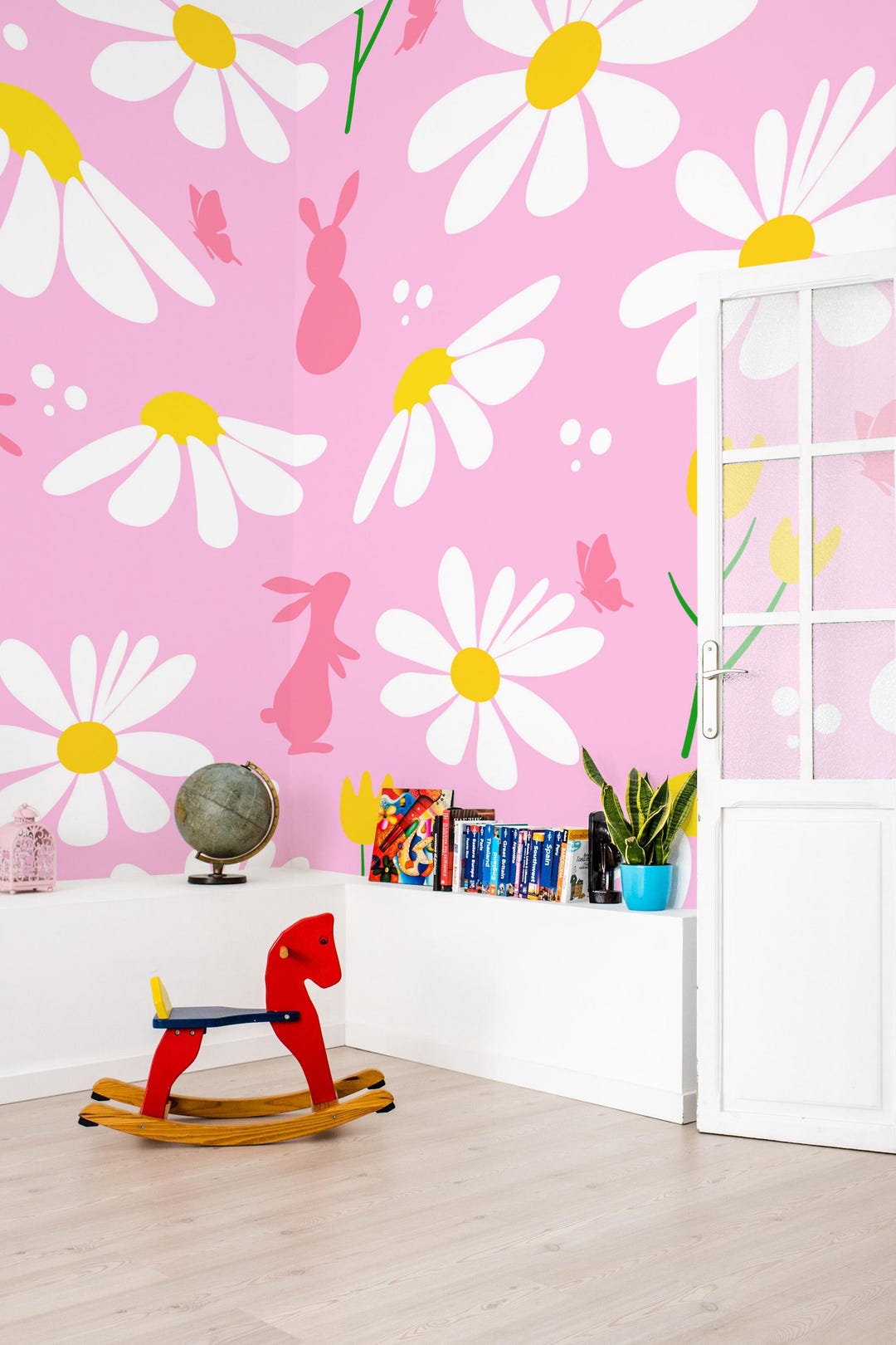 Pink Bunny Wallpaper Mural: Modern Spring Garden Whimsy for Easter ...