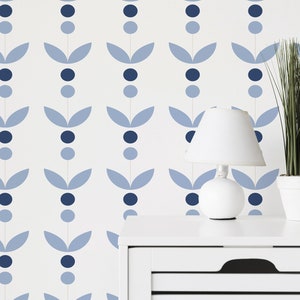Blue and white Scandinavian Peel and Stick wallpaper / Mid-century wallpaper - Self-adhesive or Traditional / Floral Removable wallpaper