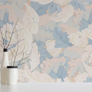 Pastel Blue and pink Leaf Peel and Stick wallpaper / Boho Removable wallpaper / Pastel blue wallpaper - Self-adhesive or Traditional