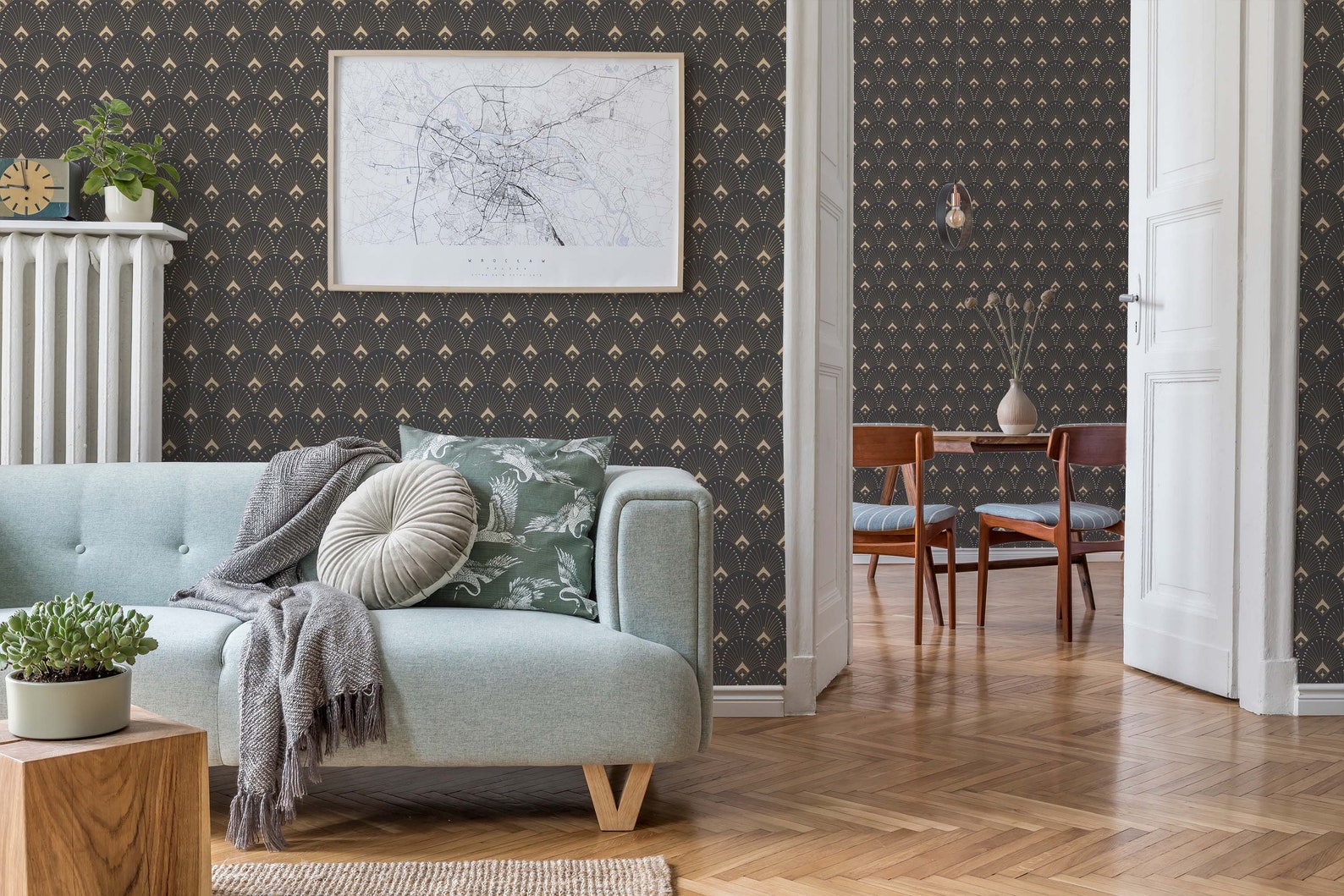 Beige and Gray Art Deco Peel and Stick Wallpaper / Geometric Removable