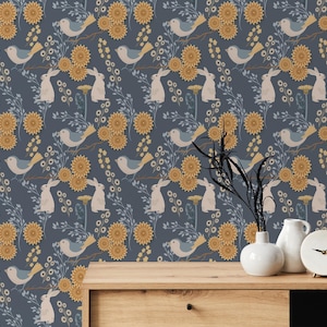 Colorful Bird Peel and Stick wallpaper / Scandinavian Removable wallpaper / Colorful wallpaper - Self-adhesive or Traditional