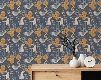 Colorful Bird Peel and Stick wallpaper / Scandinavian Removable wallpaper / Colorful wallpaper - Self-adhesive or Traditional