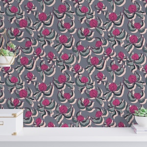 Pink Flower bud Peel and Stick wallpaper / Floral Removable wallpaper / Pink and green wallpaper - Self-adhesive or Traditional