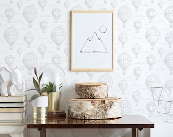 Gray Whimsical Hot Air Balloons Wallpaper: Vintage Celestial Design (Peel and Stick or Non Pasted, Custom Colors & Sizes)