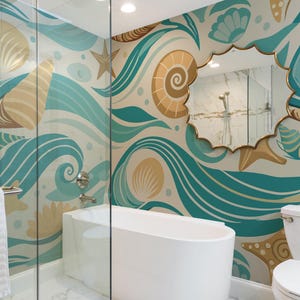 Abstract Coastal Wave Peel and Stick wallpaper / Seashell wall mural / Nautical Beach mural print - Removable Self-adhesive or Non-Pasted