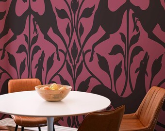 Maroon Antelope Wallpaper Mural: Gothic Halloween Vine Scrollwork (Non-Pasted, Pre-Pasted, Peel & Stick, Custom Sizes)