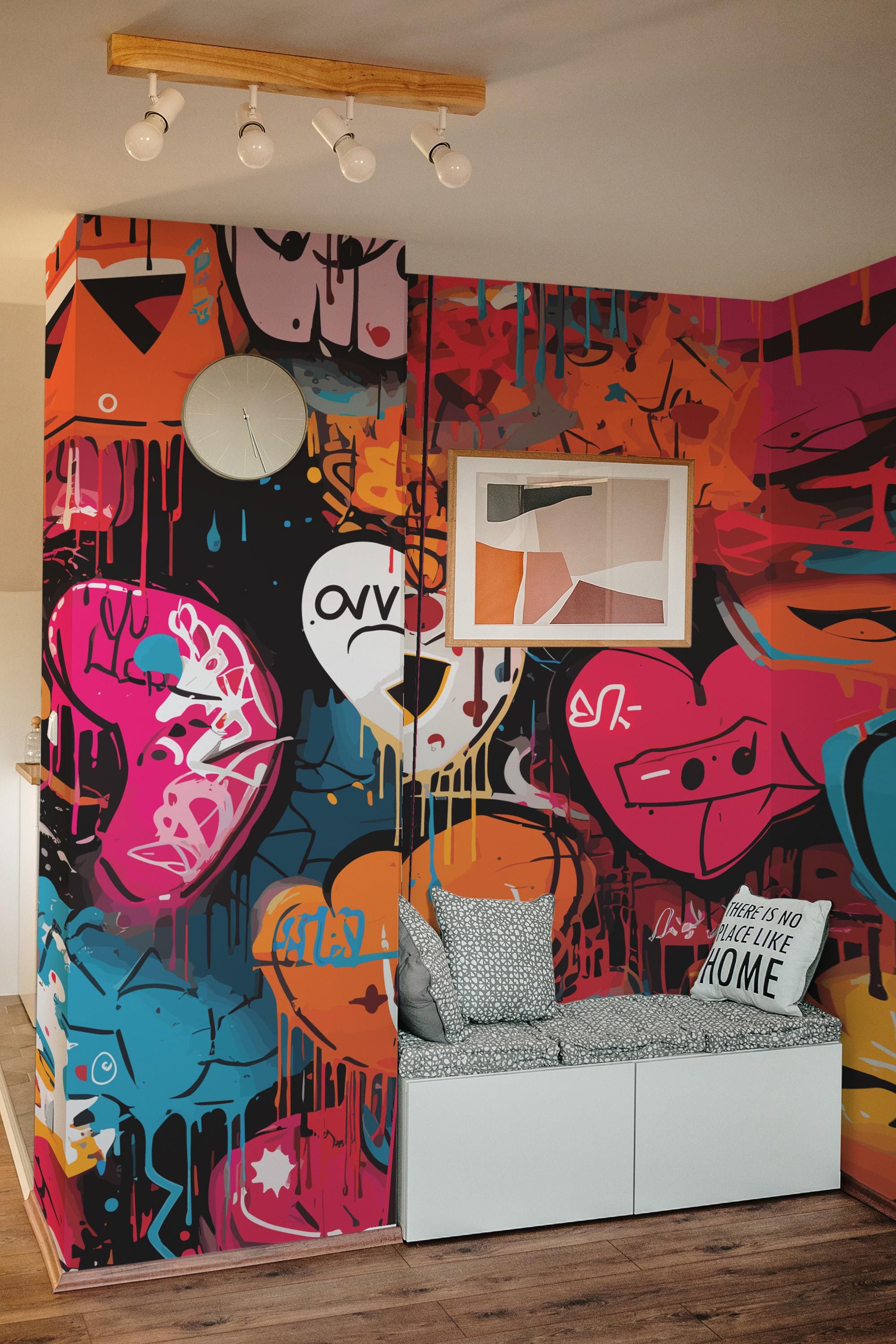 ハートのグラフィティバイブス 剥がして貼れる壁紙 / 都会の壁画