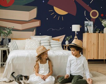 Navy Blue Learning Scene Wallpaper Mural: Whimsical Back to School Night (Non-Pasted, Pre-Pasted, Peel & Stick, Custom Sizes)