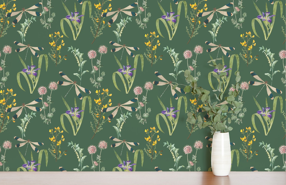 Dragonfly Peel and Stick Wallpaper / Garden Removable Wallpaper / Green