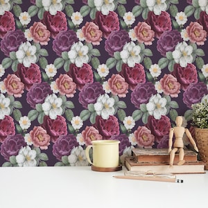 Colorful Floral Peel and Stick wallpaper / Rose Removable wallpaper / Colorful wallpaper - Self-adhesive or Traditional