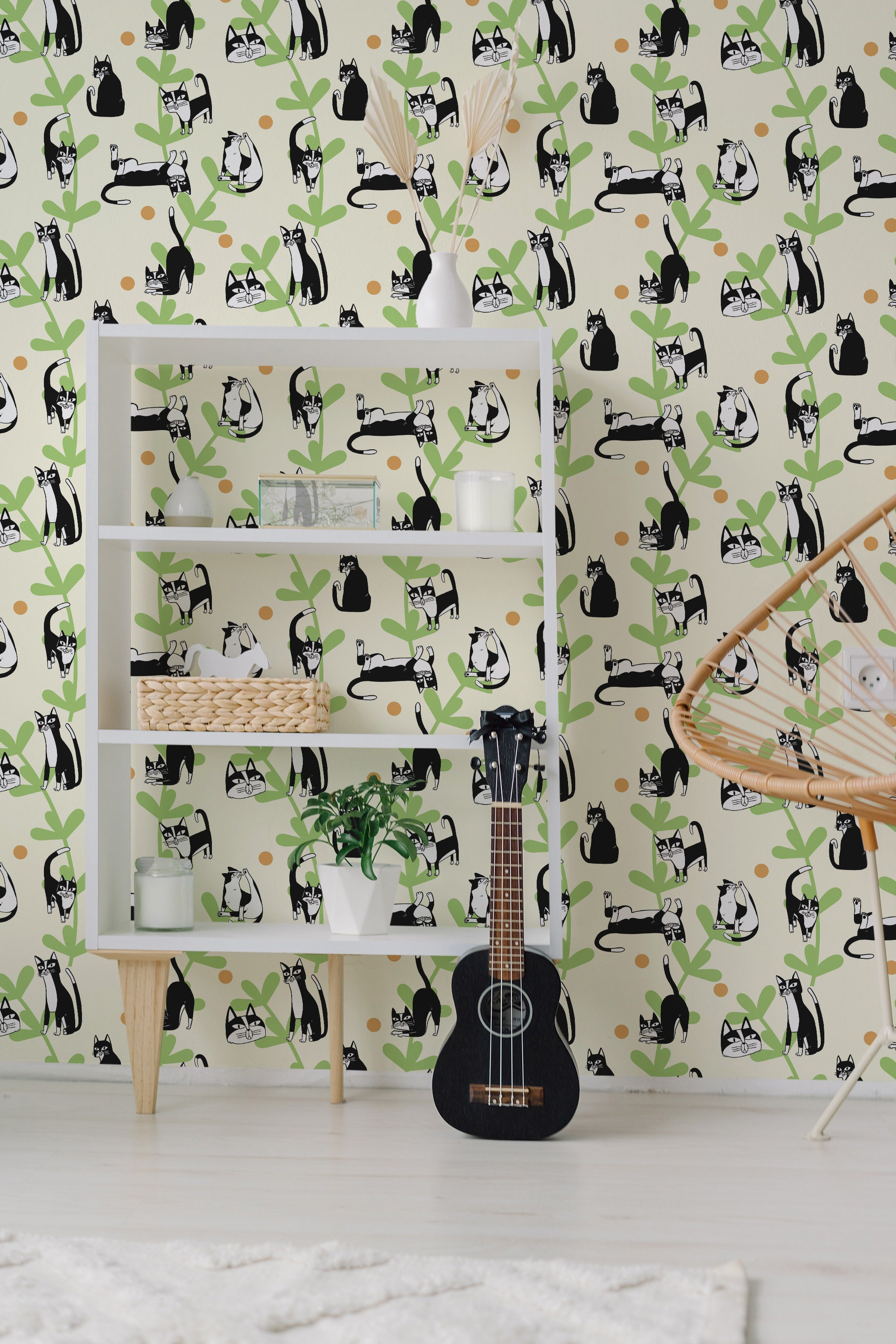 Cats being Cats wallpaper - Peel and Stick Wallpaper or Non Pasted Wallpaper / Animal Removable wallpaper / Black and white wallpaper