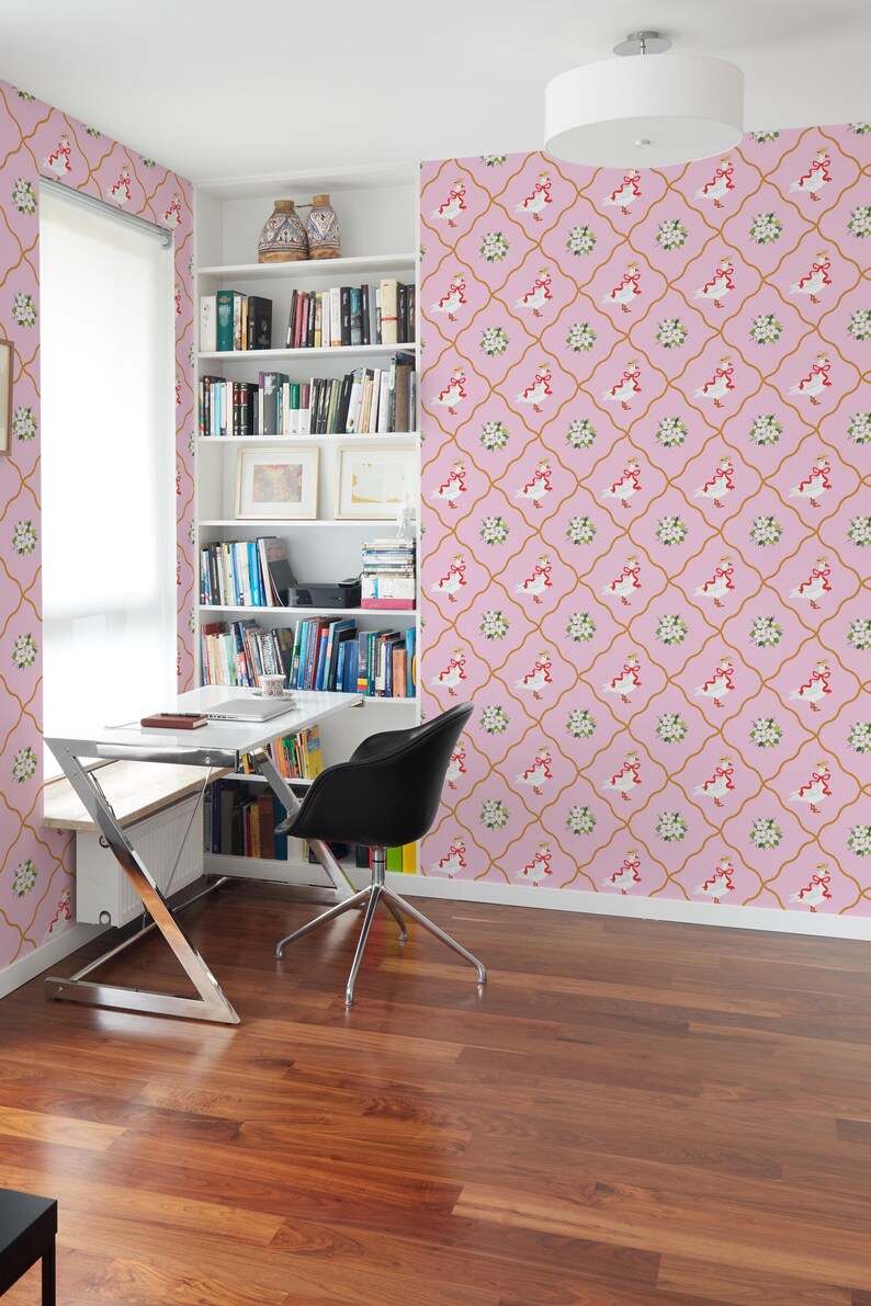 Pink Goose Wallpaper | Floral Bird Peel and Stick Removable Fabric or ...