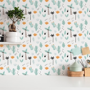Neutral Cactus Peel and Stick wallpaper / Mexican Removable wallpaper / Neutral wallpaper - Self-adhesive or Traditional