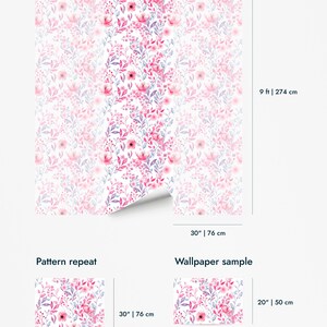 Pink Watercolor Botanical wallpaper for walls dimensions guide showing panel preview, pattern repeat, and sample size diagram.