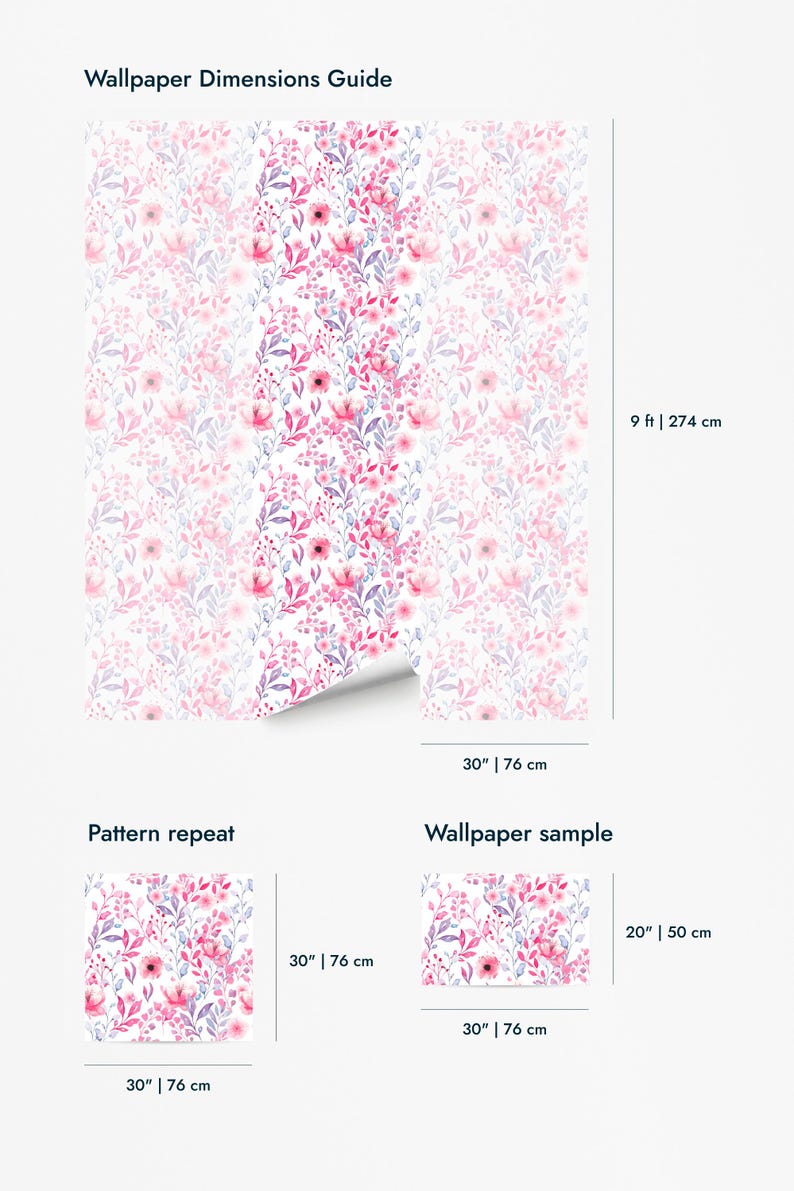 Pink Watercolor Botanical wallpaper for walls dimensions guide showing panel preview, pattern repeat, and sample size diagram.