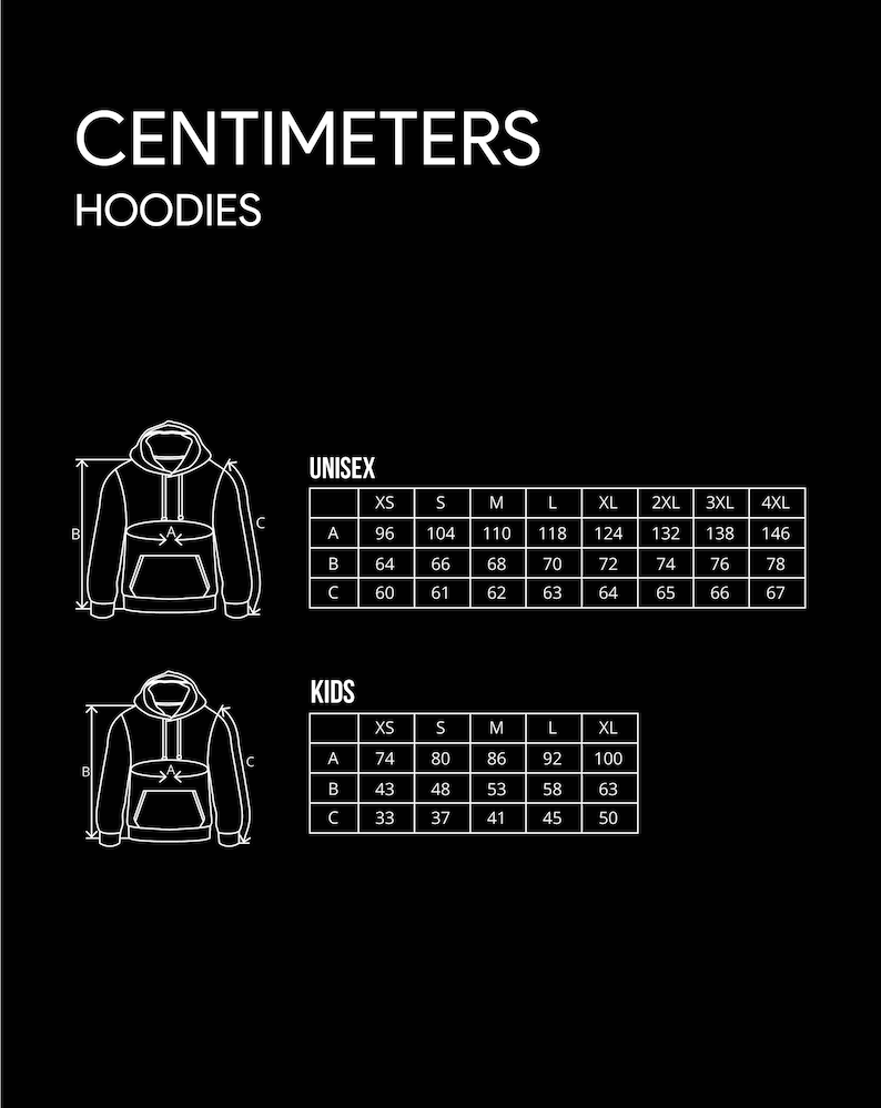 May include: Size chart for unisex and kids hoodies in centimeters. The chart shows measurements for the length, width, and sleeve length of hoodies in different sizes, from XS to 4XL.