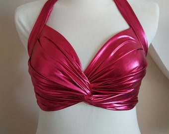 Haut de soutien-gorge rose brillant pour danse du ventre, tribal, costume d'entraînement, fusion tribale, haut sexy noué, taille universelle, soutien-gorge pour spectacle