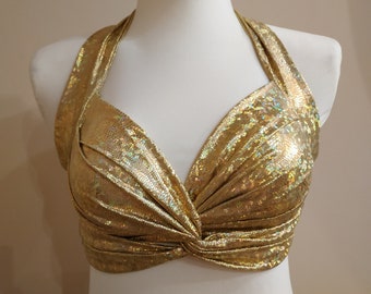 Glanzende gouden BH Top buikdans, Tribal, Kostuumpraktijk Tribal Fusion Sexy Gebonden Top Universele maat, BH voor show