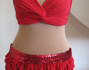 Red Costume Bellydance Bra belt Tribal Hip Scarf Shimmy Costume Practice sequins S M L XL XXL  waist belt