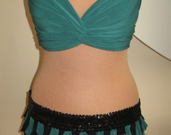 Green Costume Bellydance Bra belt Tribal Hip Scraf Shimmy Costume Practice sequins S M L XL XXL  waist belt