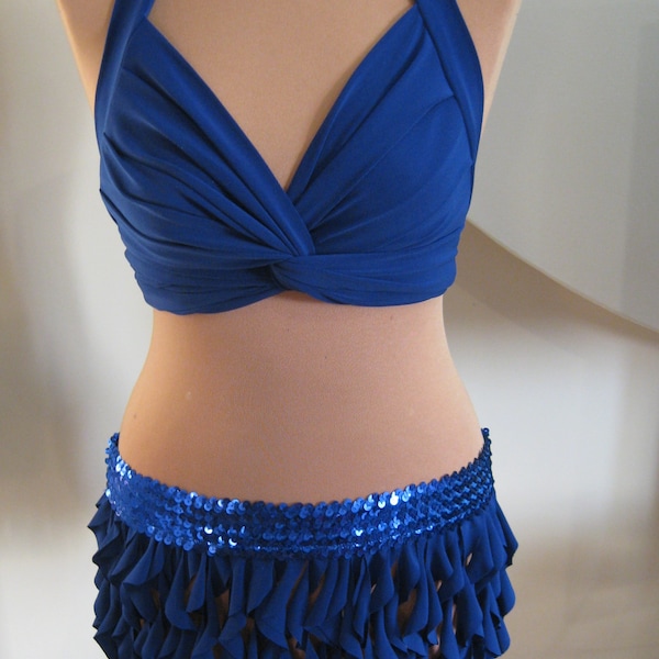 Blue Costume Bellydance Bra belt Tribal Hip Scraf Shimmy Costume Practice sequins S M L XL XXL  waist belt