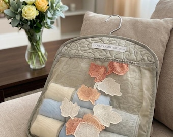 Hanging Closet Organizer for Underwear & Socks, Sage Green Organza Storage with Floral Applique, Wardrobe Organizers, Nursery Storages