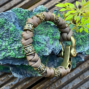Woven Brown 550 Paracord, Brass Bead and Shackle Bracelet