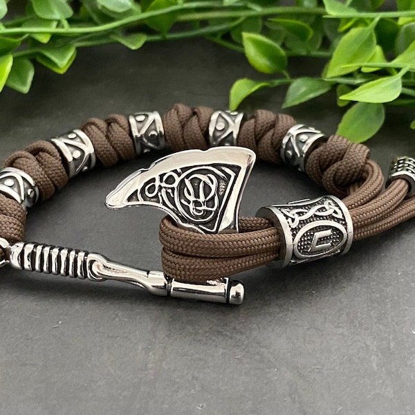 Viking Axe Bracelet - Adjustable Paracord Bracelet Featuring a Stainless Steel Nordic Axe Clasp and Rune Bead