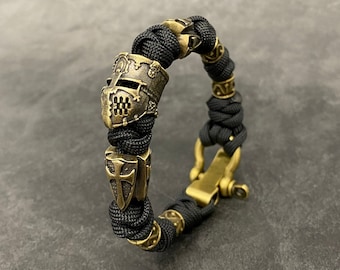 Templar Knight Bead - Paracord Bracelet - Brass Paracord Bead - Adjustable Bracelet - Shackle Bracelet - Knight Shield - Templar Shield