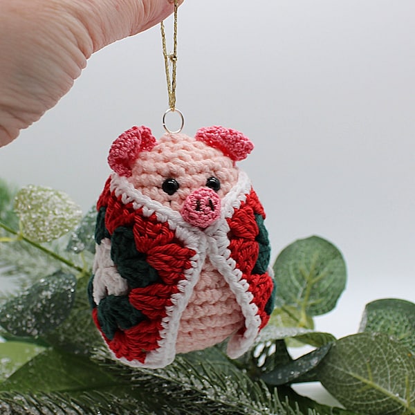 Crochet PATTERN for pig in a granny square blanket hanging Christmas tree decoration.