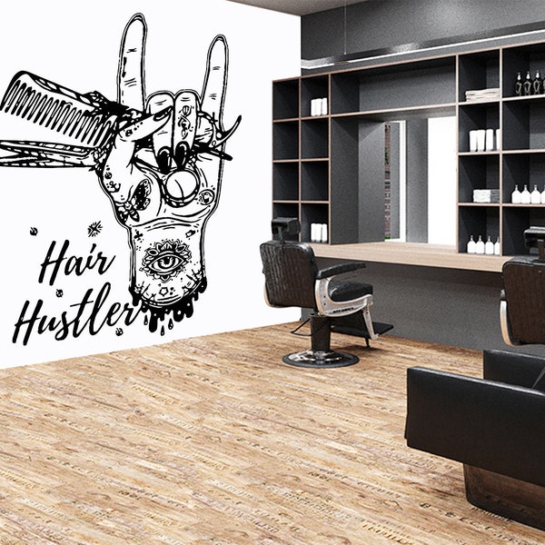 Hair Hustler Barber Wall Decal Custom Barber Shop Man Salon Gentlemen’s Haircut Styling Quotes Style Beard Face Hipster Shave Salon 2560ER