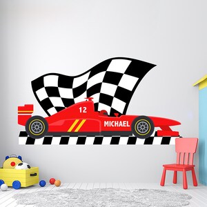 Large Custom Name Racing Car Tire Checkered Flags Wall Decal Wheel ...