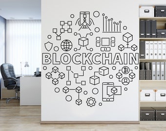 Blockchain Wall Decal, Technology Vinyl Wall Art Decals, Gamer Room Decal, Computer IT Decor, Software Science Wall Sticker Office 3336ER