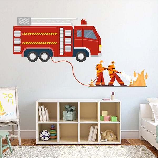 Fire Truck Wall Decal Firefighter wall decal Flame decor Custom Nursery Kids art decal Bedroom Nursery room Wall Art Decals Stickers 4111ER