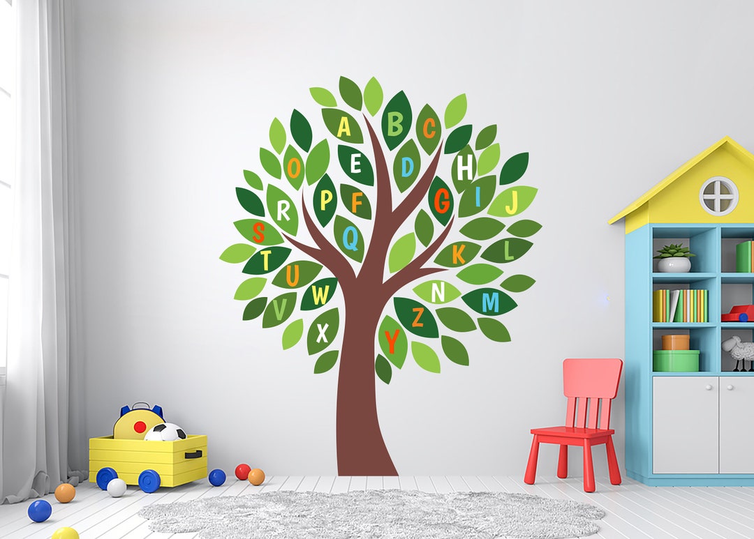 Alphabet Tree Wall Decals School Nursery Leaves Stickers Leaf Bedroom