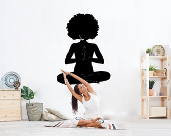 Afro Girl Yoga Wall Decal Yoga Meditation Decor Art Namaste Chakra Lotus wall Art Gifts Woman Girl Inspiring Stickers Soul Buddha 3219ER