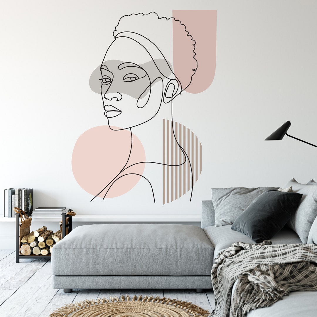 Line Art Abstract Minimalistic Female Face Spring Flower Wall Decals Modern Wall Stickers, Wall
