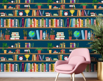 Book Wallpaper Bookshelf Peel and Stick Bookcase Fabric Wallpaper Reading Wall Decor Vintage Removable Self Adhesive Nursery 3957ER