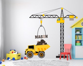 Crane Dump Truck Personalized Construction Tower Crane Truck Wall Decal Kids Decal Custom Name Name Nursery wall Vinyl Sticker Decor 3809ER