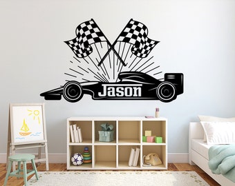 Large Custom Name Racing Car Tire Checkered Flags Wall Decal Wheel Decal Personalized Racing Car Flag Vinyl Wall Sticker-Boy Room  2931ER