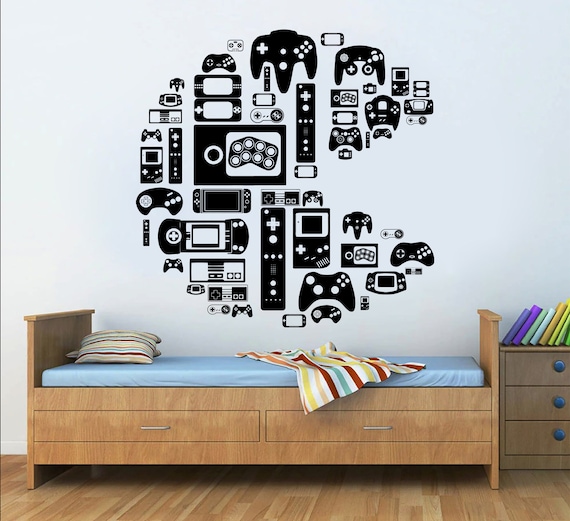 Gamer Wall Decor, Controller Vinyl Wall Decal, Cartoon Kid Play Video Game,  Gamer Room Gifts for Kids Room Son Daughter Stickers Games 515ES 