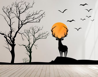 Deer Wall Decals  Sun Birds Tree Wall Decor Animal Nature Deer Wall Art Animals anime wall decal Deer Wall Stickers Deer Wall Vinyl 3371ER