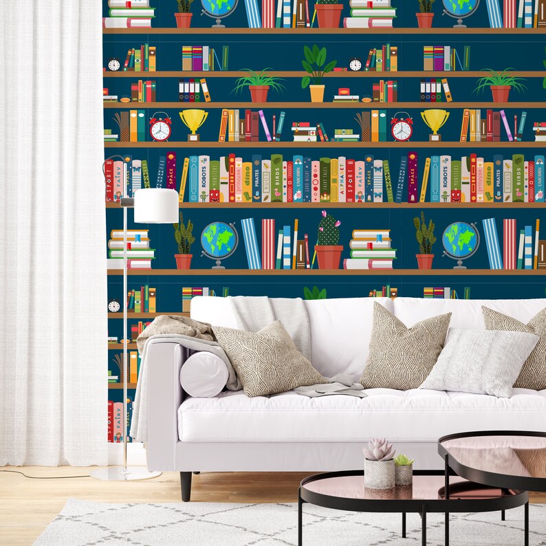 Book Wallpaper Bookshelf Peel and Stick Bookcase Fabric Etsy