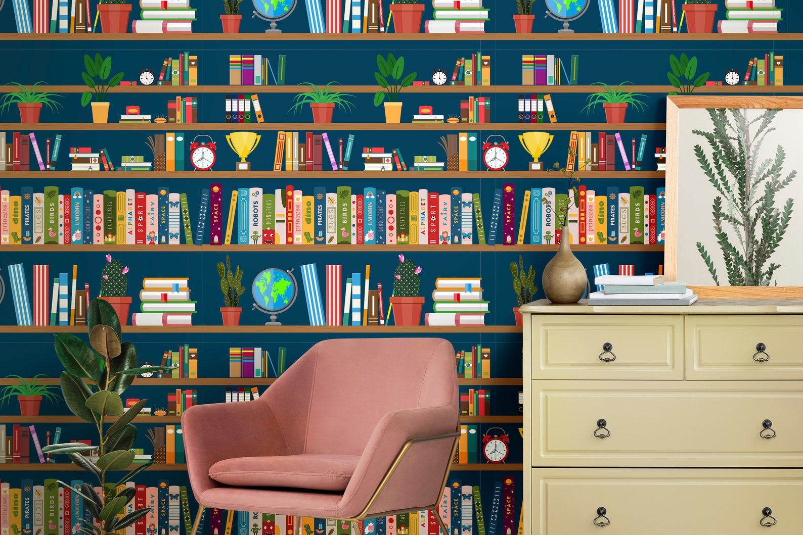 Book Wallpaper Bookshelf Peel and Stick Bookcase Fabric Etsy