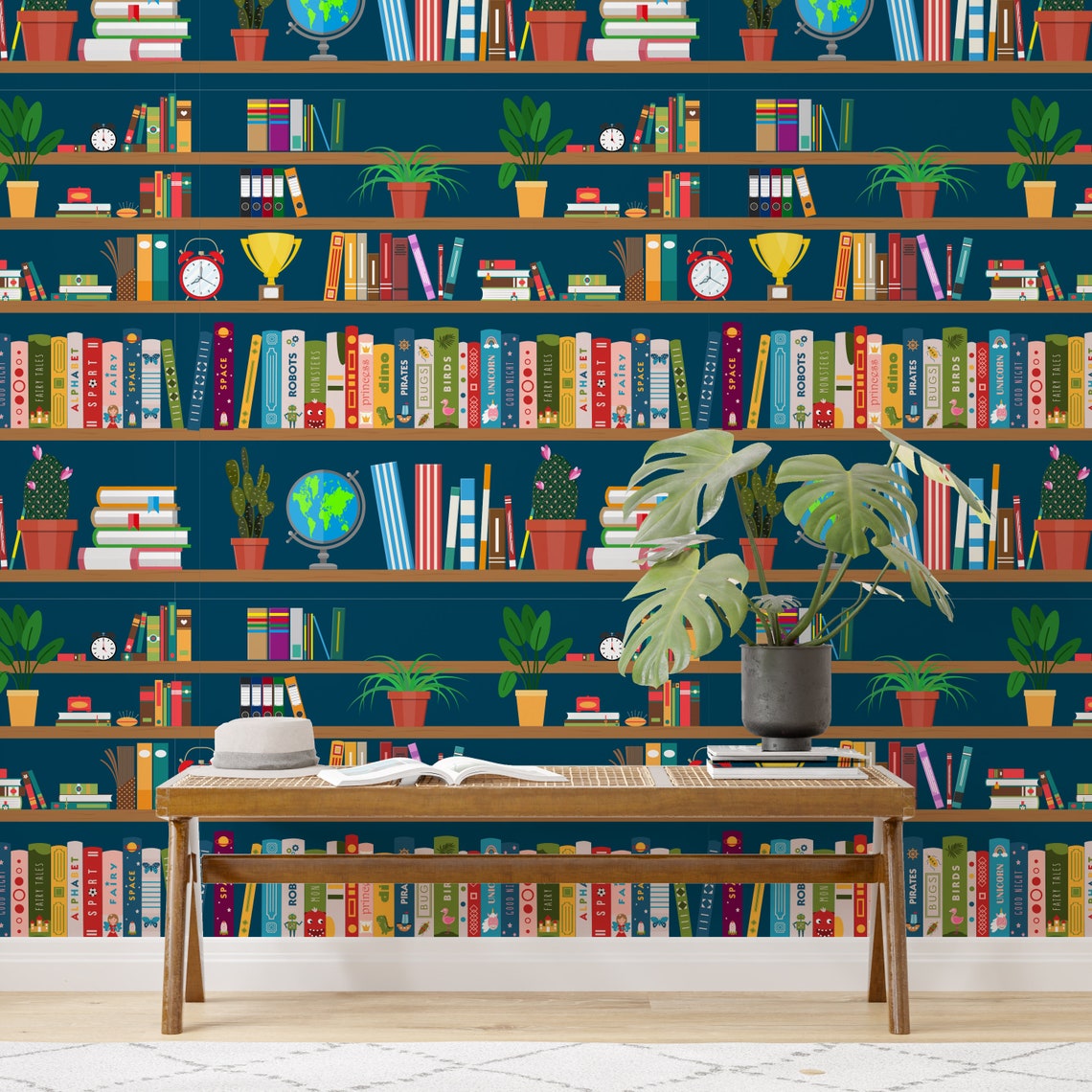 Book Wallpaper Bookshelf Peel and Stick Bookcase Fabric Etsy