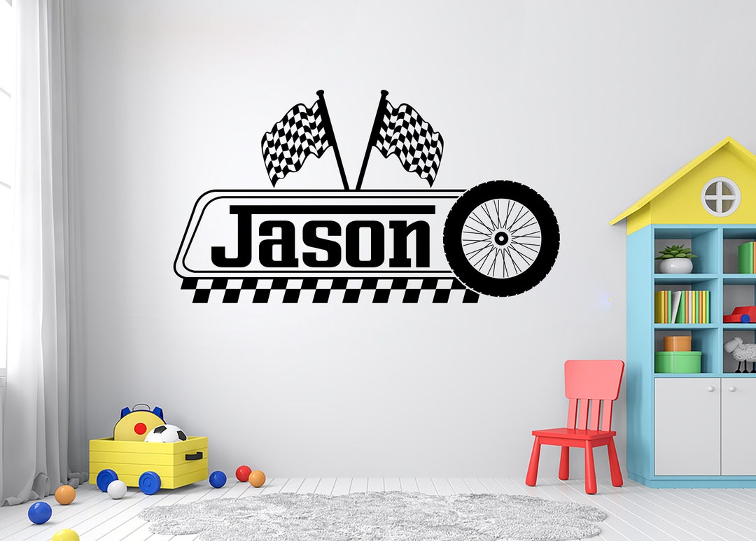Large Custom Name Racing Car Tire Checkered Flags Wall Decal Wheel ...