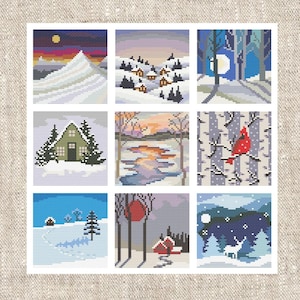 Op de afbeelding: Een kruissteekpatroon met negen verschillende wintertaferelen. Het raster toont besneeuwde bergen, hutten, een kardinaal op een tak, een bevroren rivier en een hert in een bos, allemaal in een pixelstijl met gevarieerde kleurenpaletten.